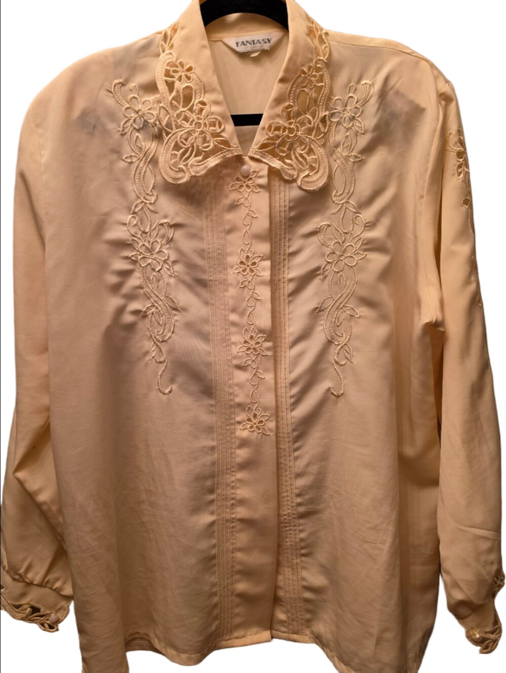 Vintage Fantasy Yellow Embroidered Cutwork Blouse Floral Collar And Sleeves